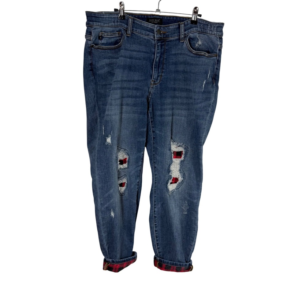 Judy Blue Skinny Fit Distressed Plaid Lined Jeans 18W JB82167MD-PL Medium Wash